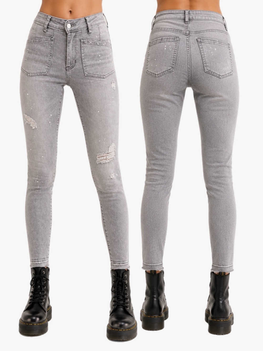 Free People High Rise Gray Distressed Skinny Jeans Paint Splatter Size 26
